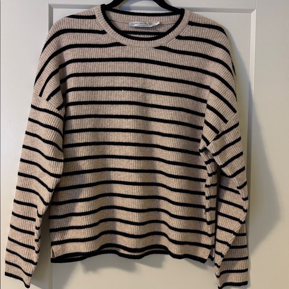 Contemporaine Beige and Black Striped Oversized Sweater from Simons